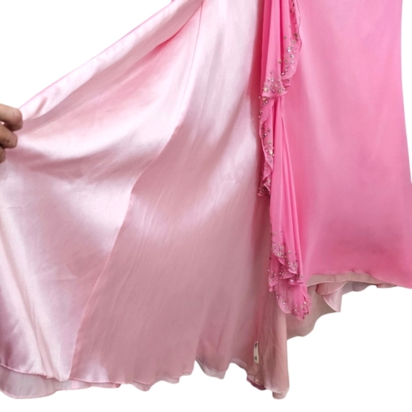 Tiffany Design Strapless Pink Beaded Floral Lace Chiffon Front Slit Evening Gown - Picture 13 of 17